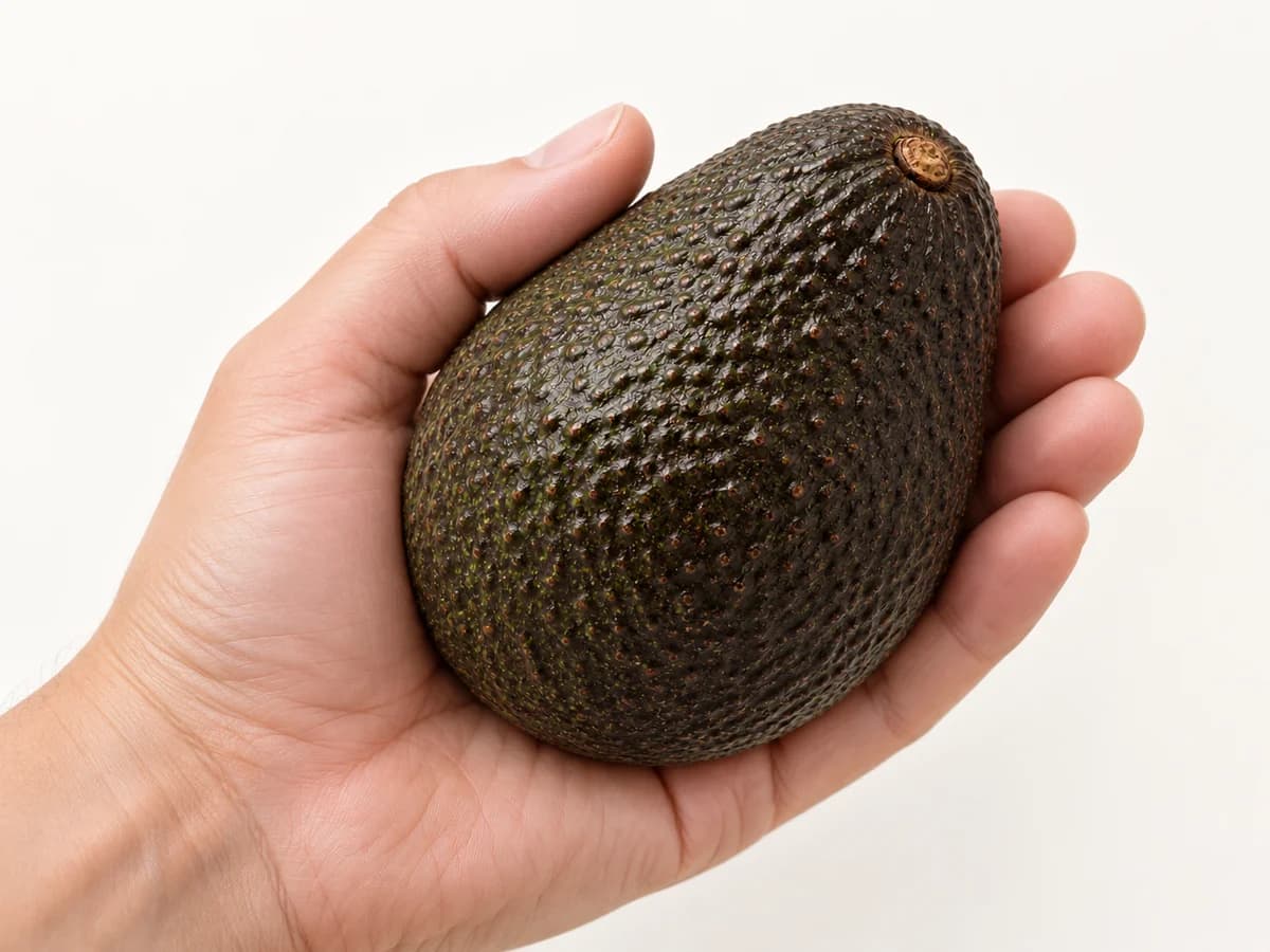 An adult hand cradling a Hass avocado across the palm with broad, gentle contact