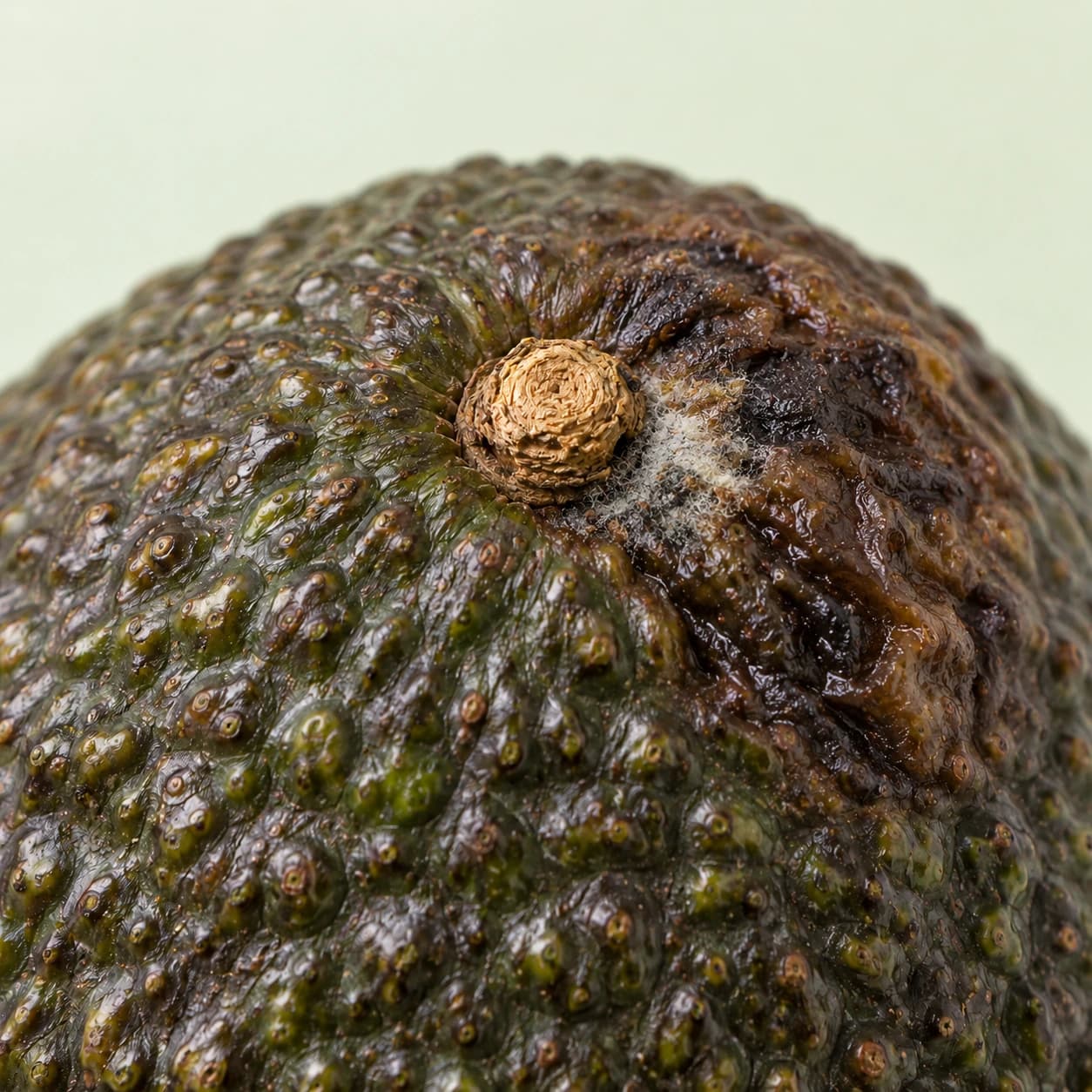 Matching stem macro with a localized sunken dark lesion and a small patch of mold around the attached stem