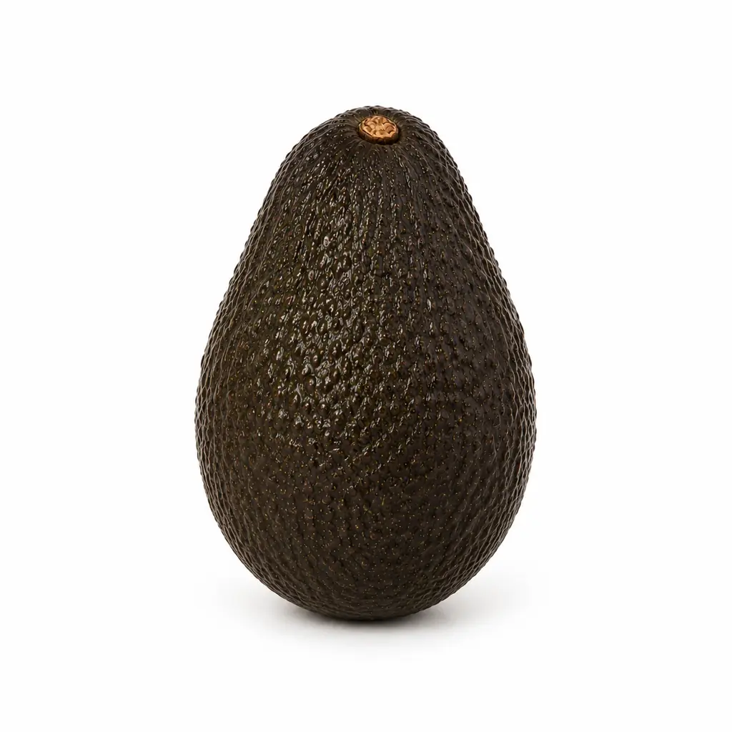 A Hass avocado with its natural asymmetric outline intact