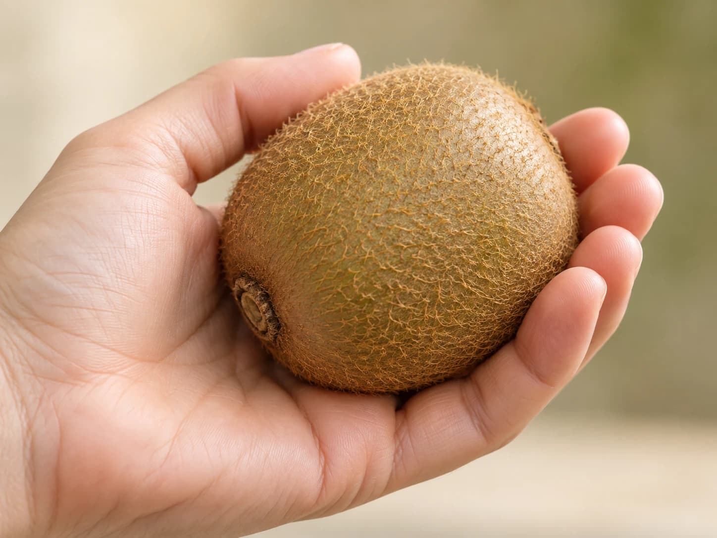 A whole green kiwi cradled gently in a hand with relaxed fingers