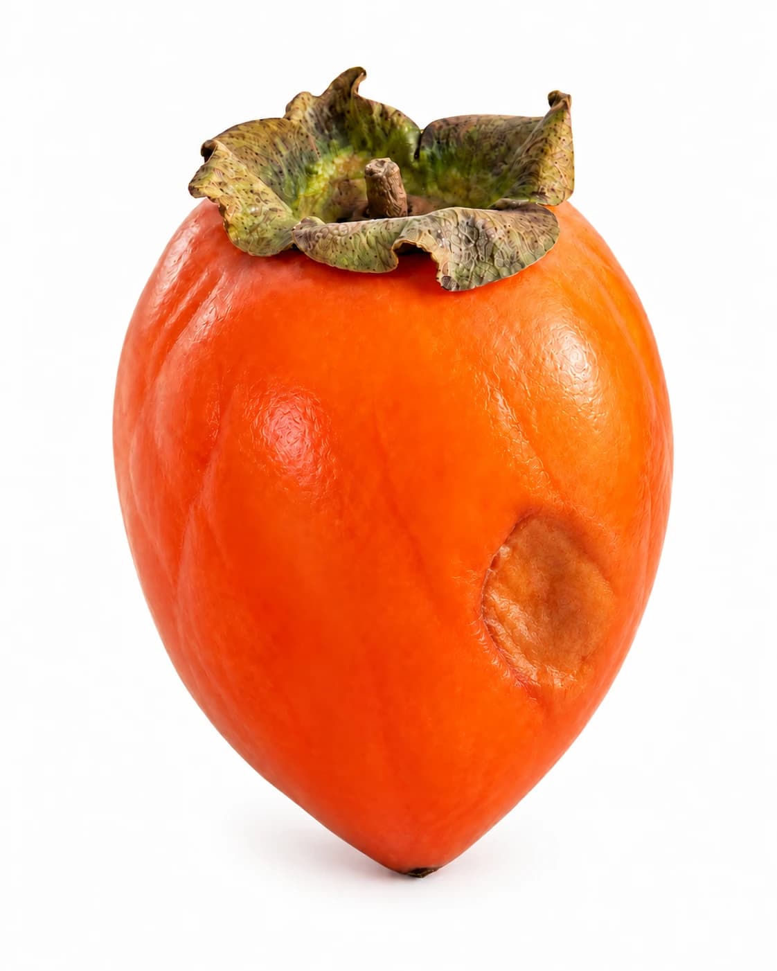 Similarly ripe Hachiya with one localized sunken injury on its right side