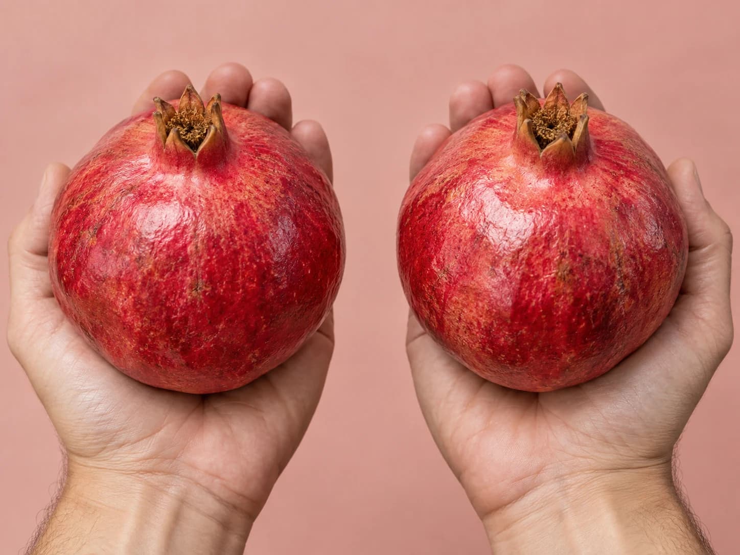 Two similar-sized pomegranates resting in open palms for a weight comparison